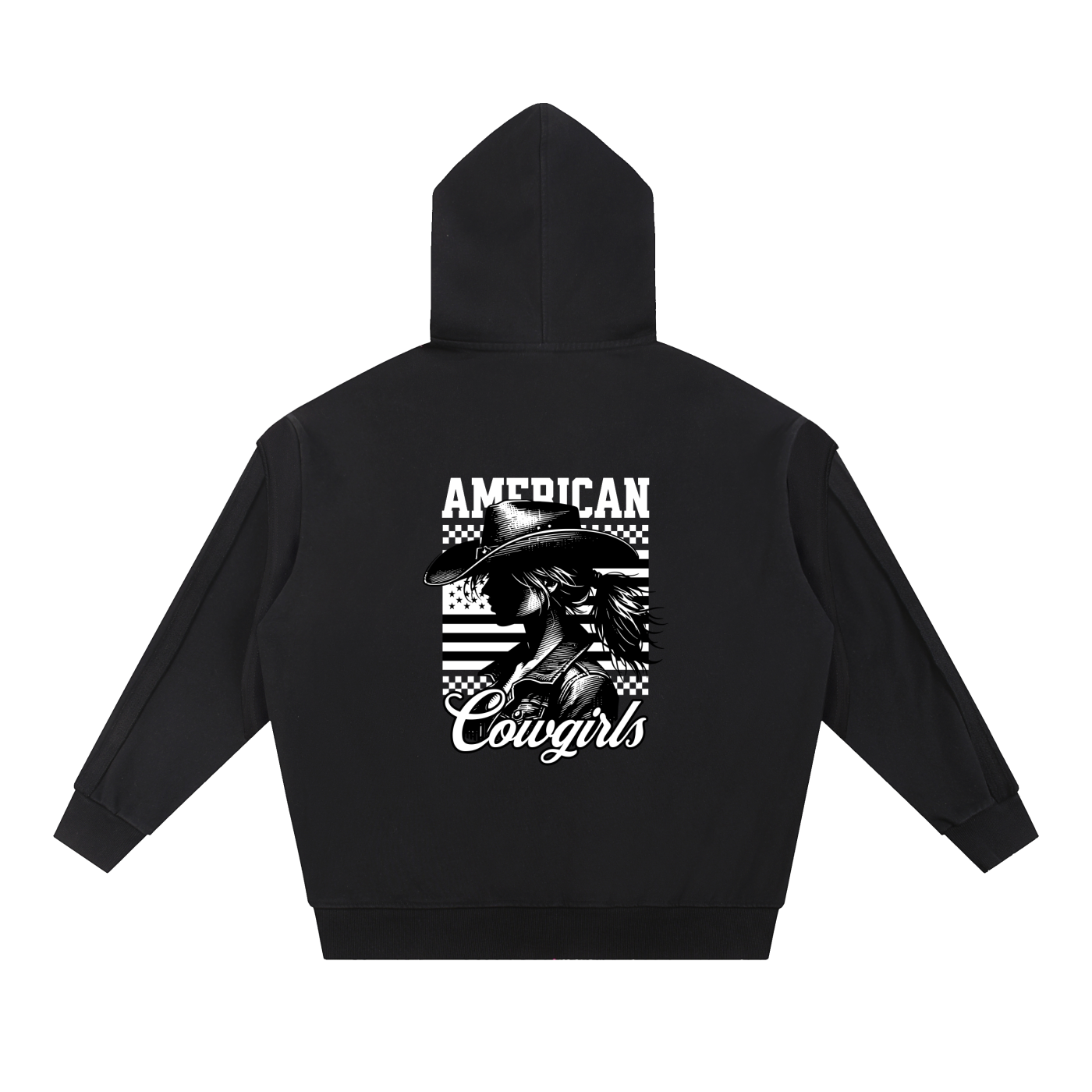 Contrast Tape Raw Edge Double Layered Cowgirl Zip Hoodie