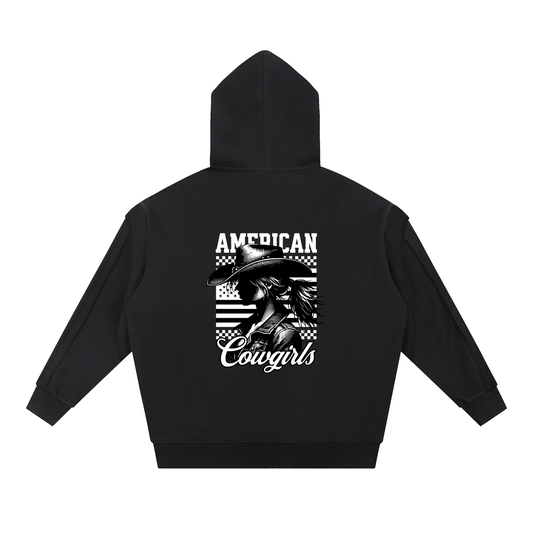 Contrast Tape Raw Edge Double Layered Cowgirl Zip Hoodie