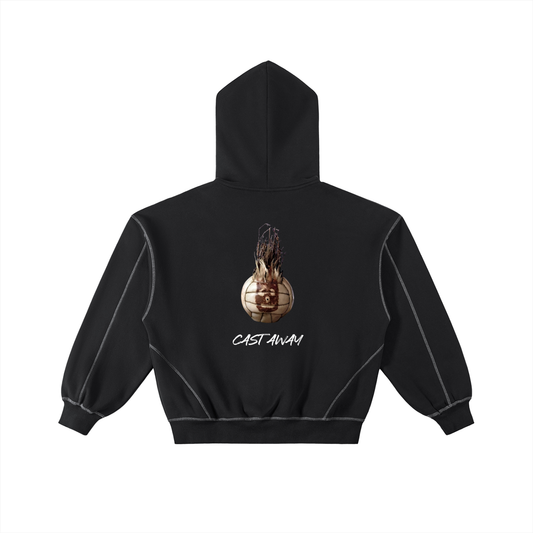 Contrast-Stitched Boxy Fleece Zip Hoodie